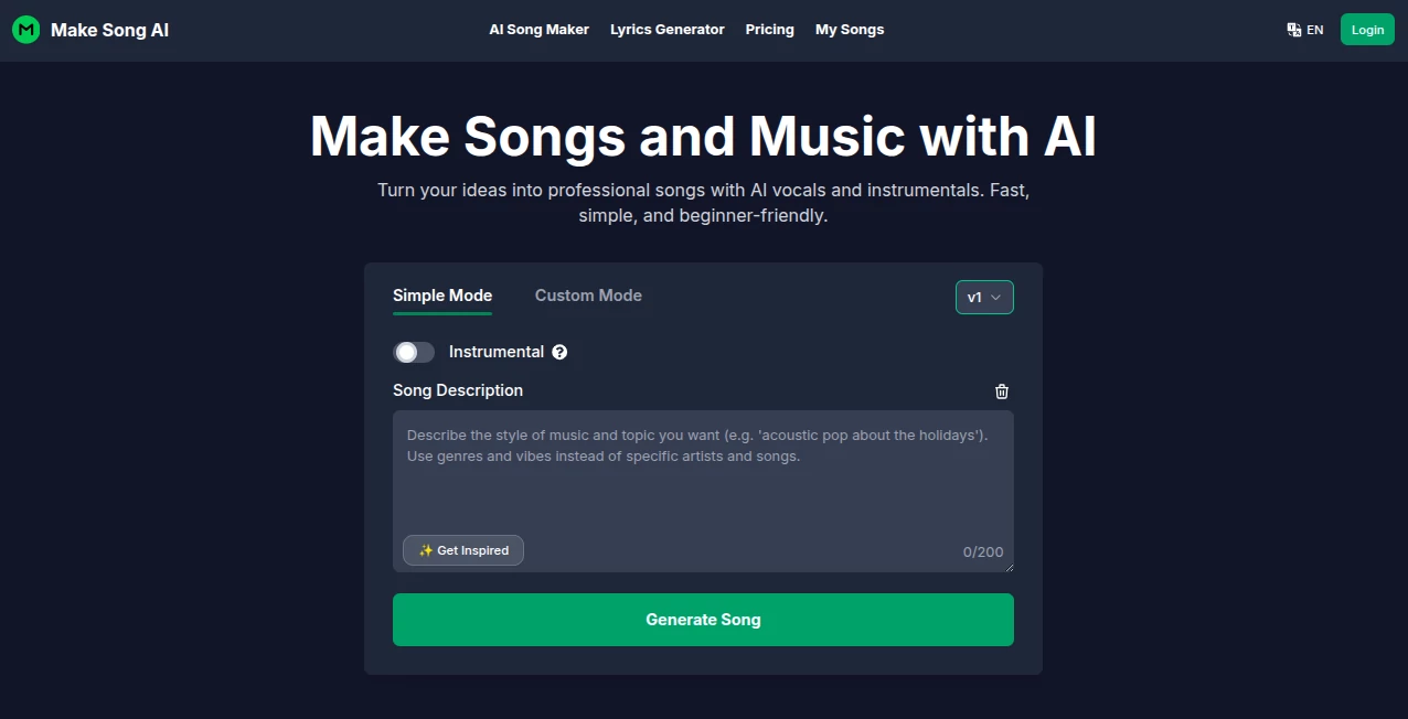 Screenshot of Make Song AI – An AI tool in the ,AI Text to Music ,AI Singing Generator ,AI Lyrics Generator ,AI Music Generator  category, showcasing its interface and key features.
