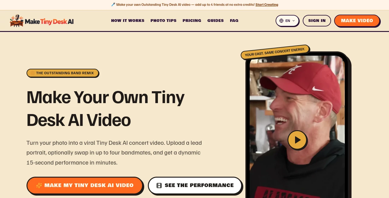 Screenshot of Tiny Desk AI Video Maker – An AI tool in the ,AI Image to Video ,Video  category, showcasing its interface and key features.