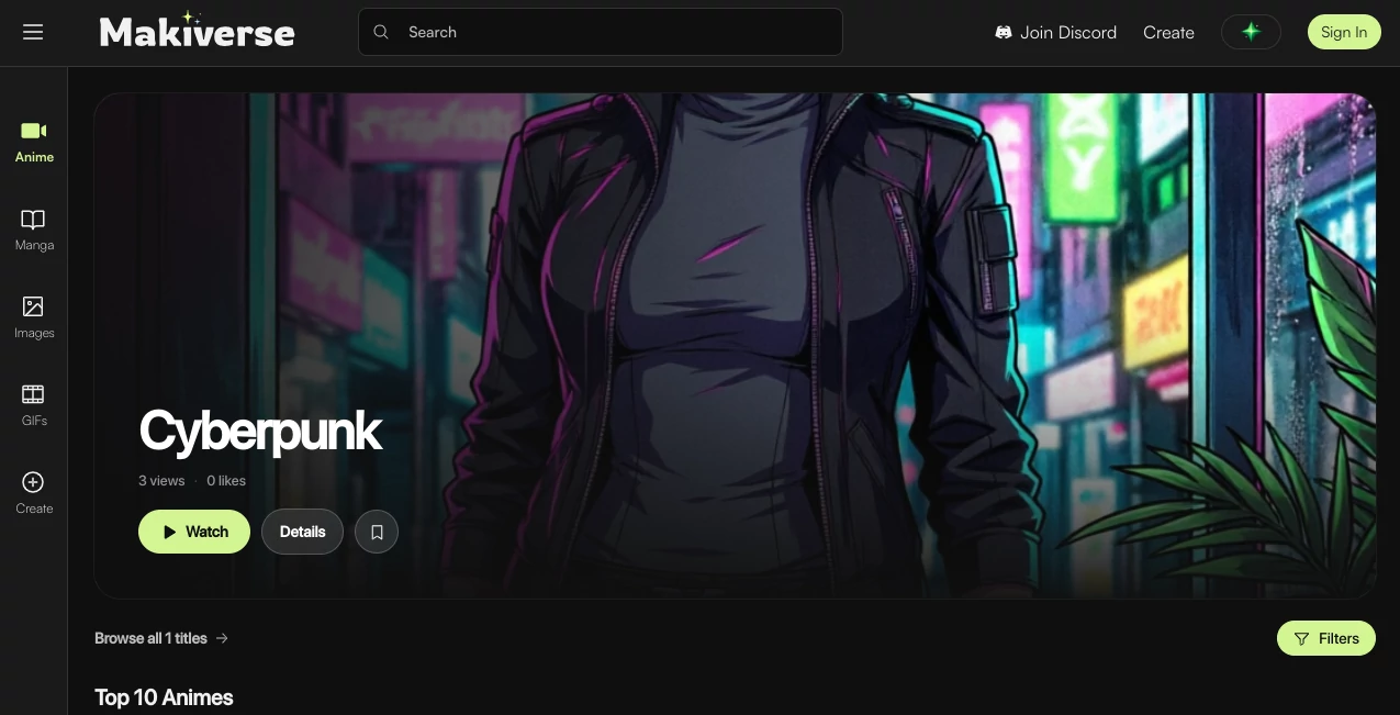 Screenshot of Makiverse – An AI tool in the ,AI Illustration Generator ,AI Manga & Comic ,AI Anime & Cartoon Generator ,AI GIF Generator  category, showcasing its interface and key features.