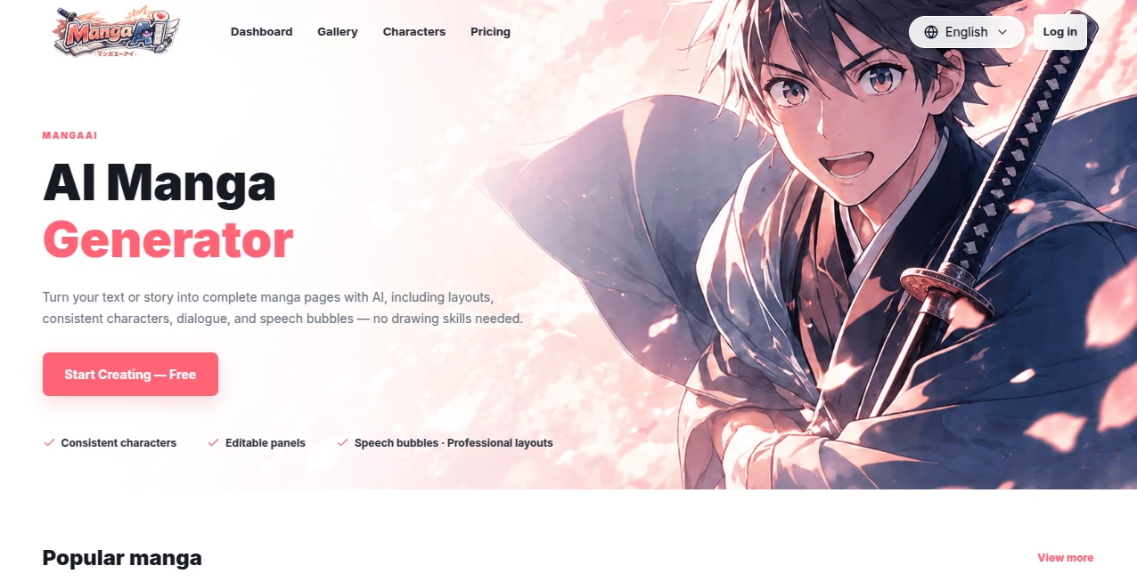 Screenshot of Manga AI – An AI tool in the ,AI Illustration Generator ,AI Art Generator ,AI Manga & Comic  category, showcasing its interface and key features.
