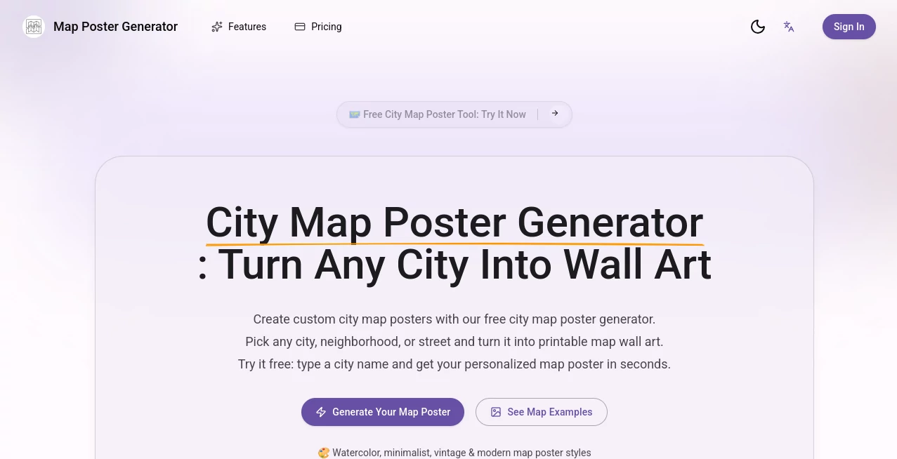 Screenshot of Map Poster Generator – An AI tool in the ,AI Photo & Image Generator ,AI Art Generator ,AI Design Generator ,AI Graphic Design  category, showcasing its interface and key features.