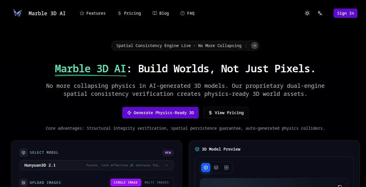 Screenshot of Marble3D AI – An AI tool in the ,AI Design Generator ,AI 3D Model Generator ,AI Text to 3D ,AI Image to 3D Model  category, showcasing its interface and key features.