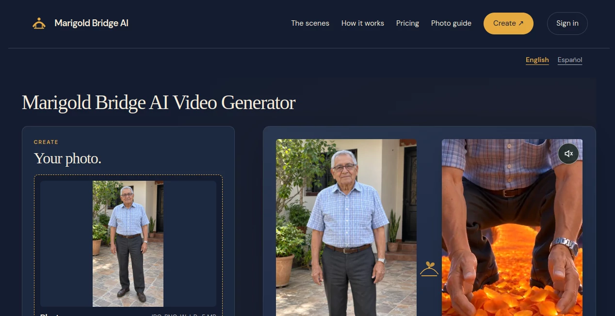 Screenshot of Marigold Bridge AI – An AI tool in the ,AI Image to Video ,AI Personalized Video Generator ,Video  category, showcasing its interface and key features.