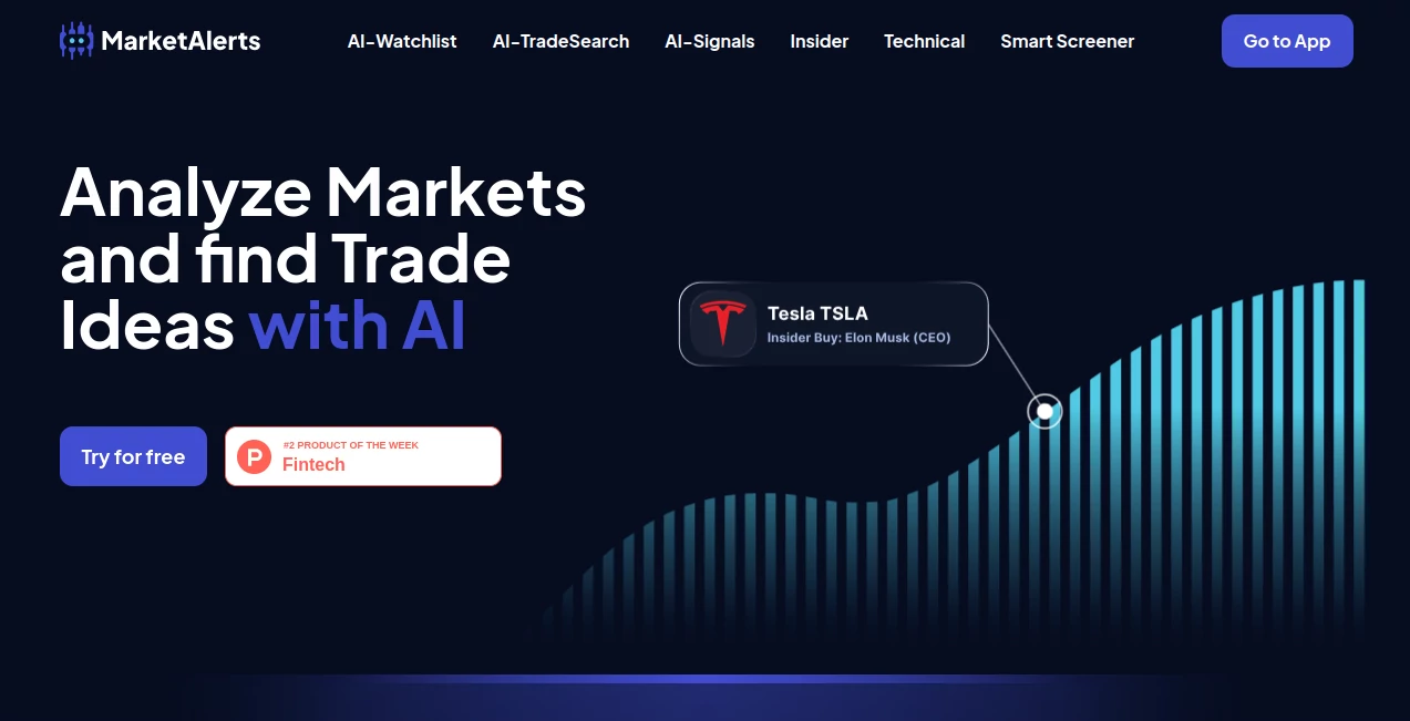 Screenshot of MarketAlerts AI – An AI tool in the ,AI Investing Assistant ,AI Research Tool ,AI Analytics Assistant ,AI Trading Bot Assistant  category, showcasing its interface and key features.