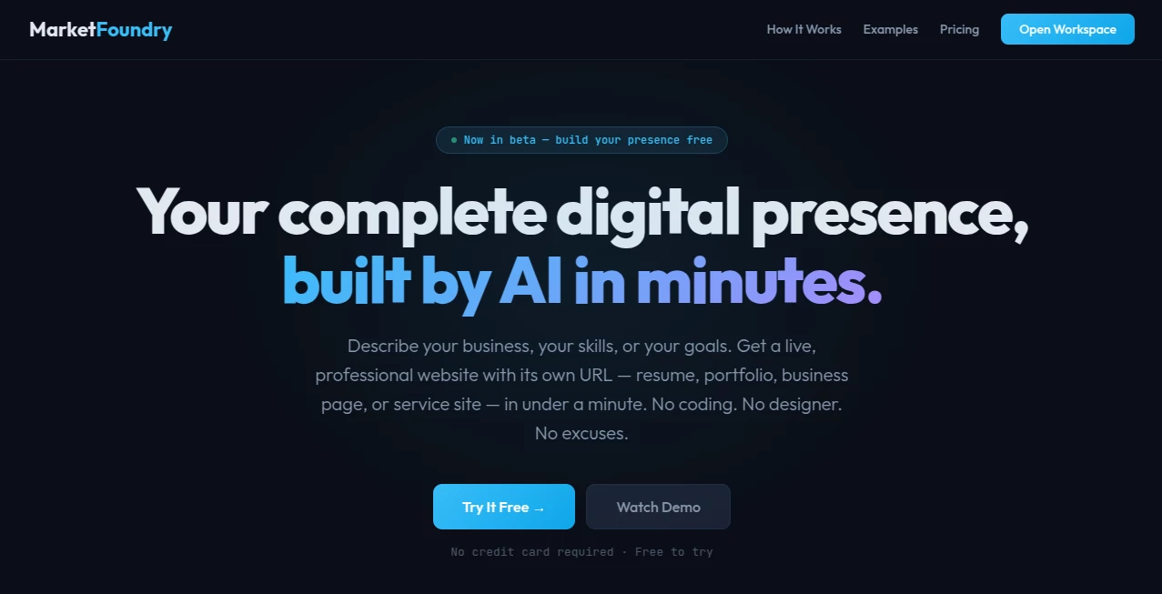 Screenshot of MarketFoundry Workspace – An AI tool in the ,AI Landing Page Builder ,AI Website Builder ,AI Productivity Tools ,AI Documents Assistant  category, showcasing its interface and key features.