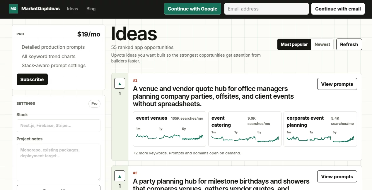 Screenshot of MarketGapIdeas – An AI tool in the ,AI Research Tool ,AI Business Ideas Generator ,Other  category, showcasing its interface and key features.