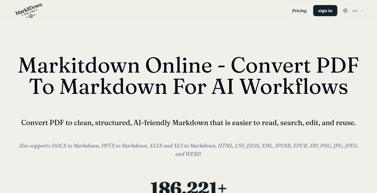 Screenshot of Markitdown Online – An AI tool in the ,AI Document Extraction ,AI PDF ,AI Documents Assistant ,AI Files Assistant  category, showcasing its interface and key features.