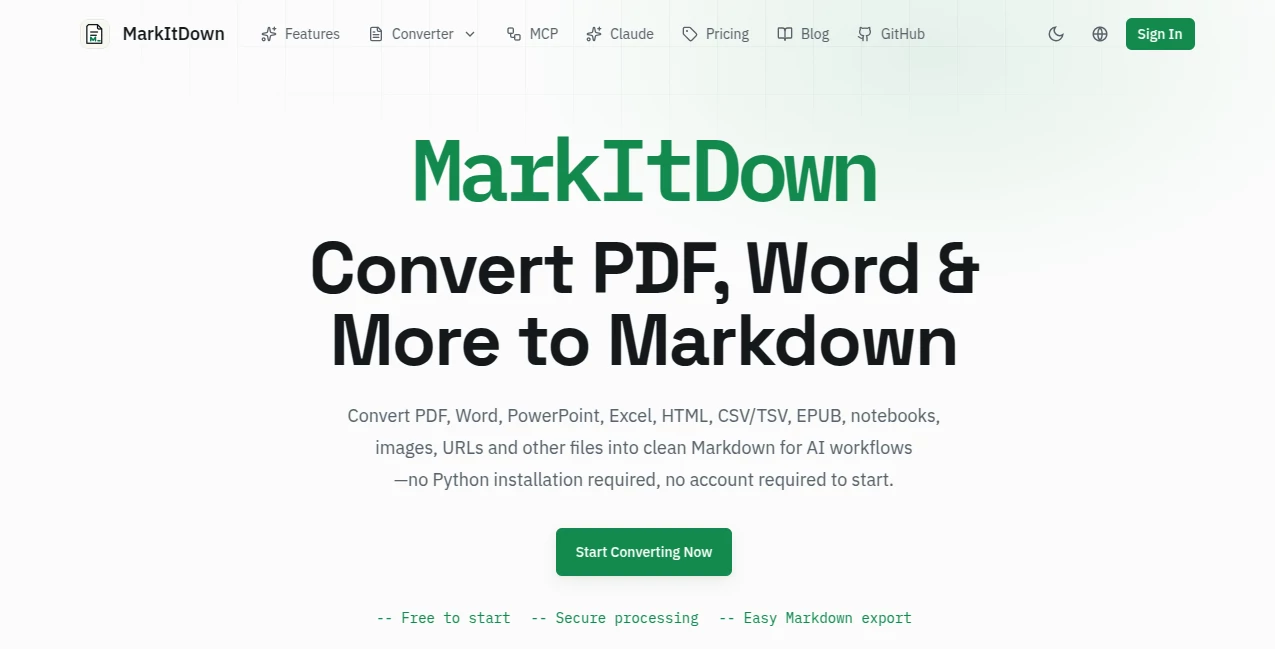 Screenshot of MarkItDown – An AI tool in the ,AI Document Extraction ,AI Documents Assistant ,AI Productivity Tools ,AI Files Assistant  category, showcasing its interface and key features.