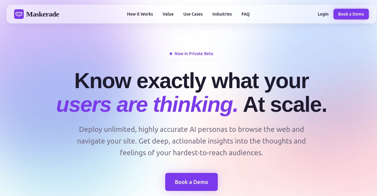 Screenshot of Maskerade – An AI tool in the ,AI Research Tool ,AI Analytics Assistant ,AI Customer Service Assistant ,AI Marketing Plan Generator  category, showcasing its interface and key features.