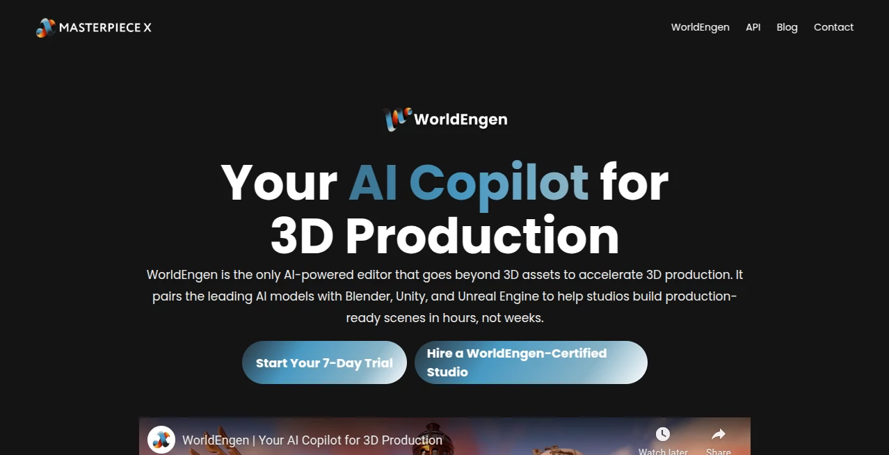 Screenshot of WorldEngen – An AI tool in the ,AI 3D Model Generator ,AI Image to 3D Model ,AI Design Generator ,AI Developer Tools  category, showcasing its interface and key features.
