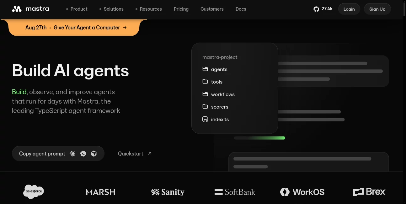 Screenshot of Mastra – An AI tool in the ,AI Workflow Management ,AI API Design ,AI Developer Docs ,AI Developer Tools  category, showcasing its interface and key features.