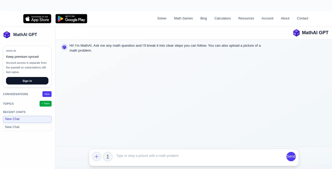 Screenshot of MathAI GPT – An AI tool in the ,AI Research Tool ,AI Homework Helper ,AI Education Assistant ,AI Productivity Tools  category, showcasing its interface and key features.