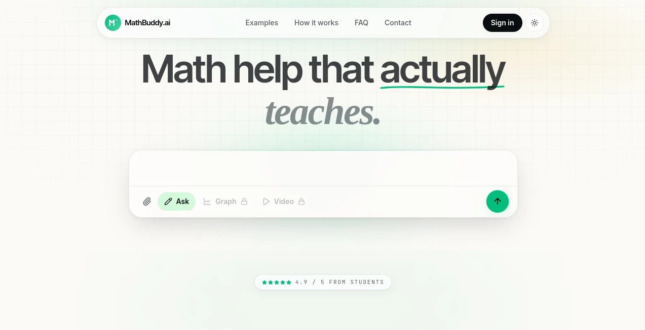 Screenshot of MathBuddy.ai – An AI tool in the ,AI Charting ,AI PDF ,AI Education Assistant ,AI Homework Helper  category, showcasing its interface and key features.