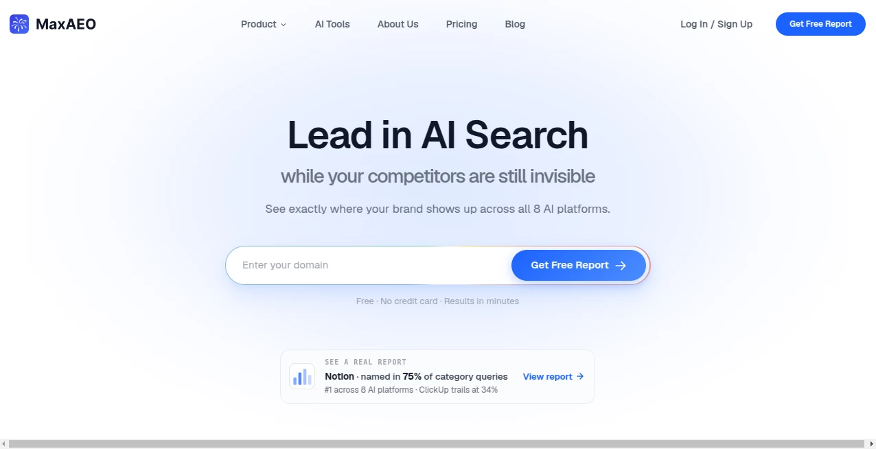 Screenshot of MaxAEO – An AI tool in the ,AI Copywriting ,AI Writing Assistants ,AI Content Generator ,AI SEO Assistant  category, showcasing its interface and key features.