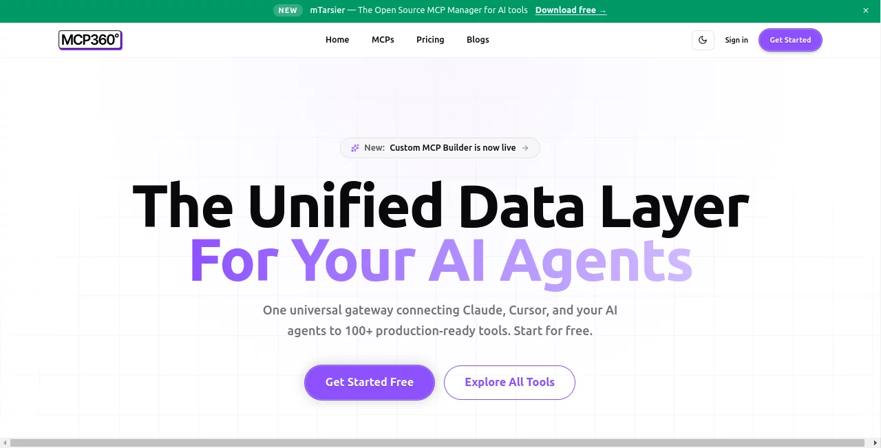 Screenshot of MCP360 – An AI tool in the ,AI Workflow Management ,AI API Design ,Large Language Models (LLMs) ,AI Developer Tools  category, showcasing its interface and key features.