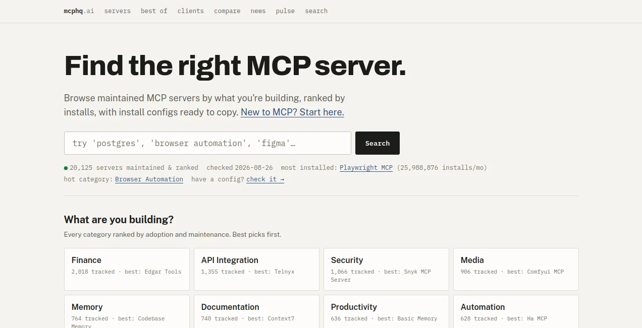 Screenshot of MCPhq – An AI tool in the ,AI No-Code & Low-Code ,AI Code Assistant ,AI API Design ,AI Developer Tools  category, showcasing its interface and key features.