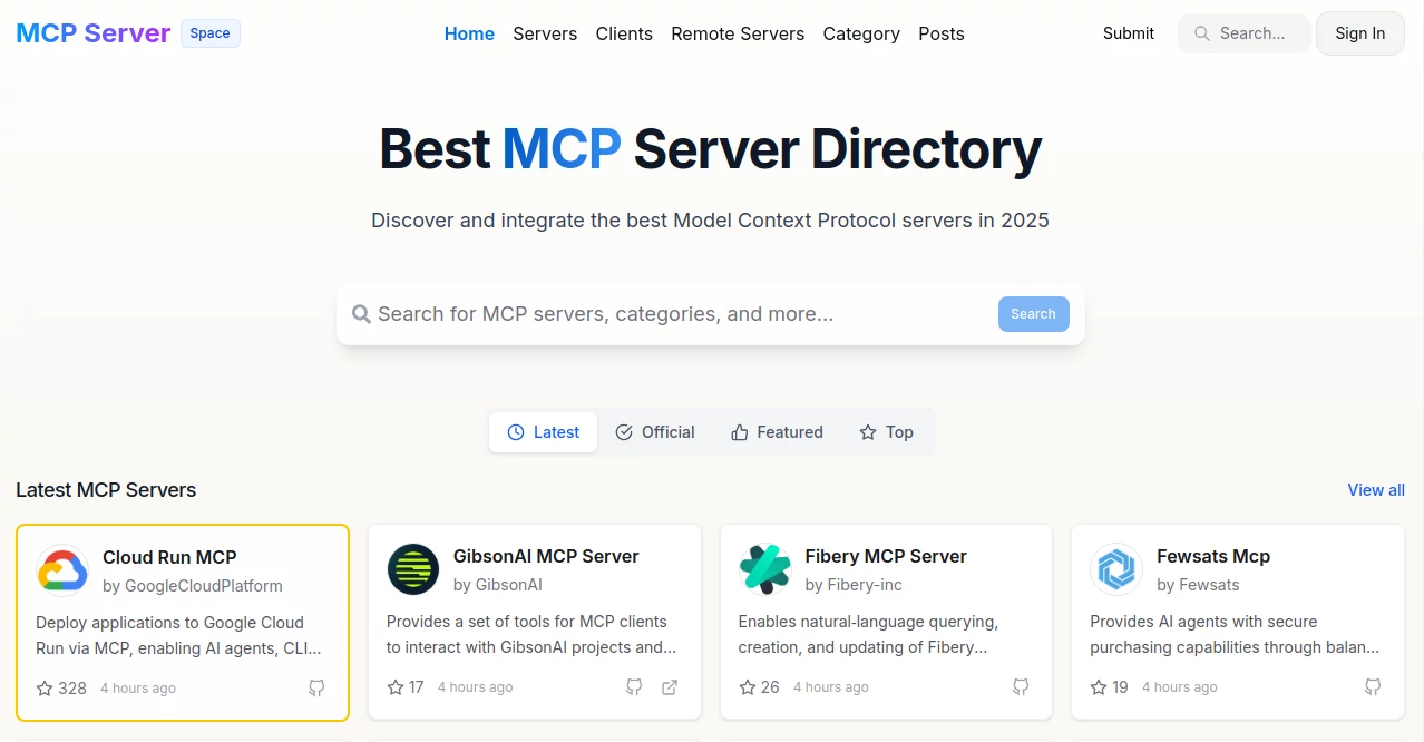 Screenshot of MCP Server Space – An AI tool in the ,AI Tools Directory  category, showcasing its interface and key features.