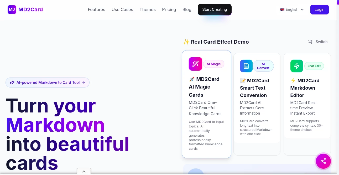 Screenshot of md2card – An AI tool in the ,AI Content Generator  category, showcasing its interface and key features.