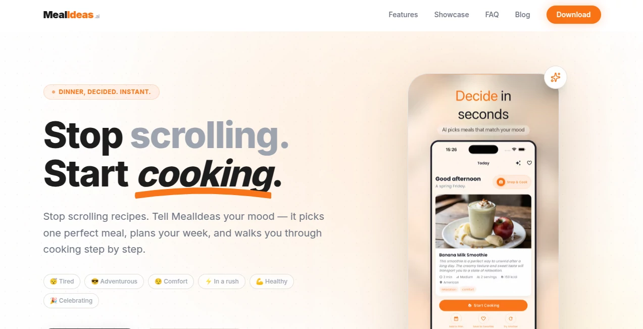Screenshot of MealIdeas AI – An AI tool in the ,AI Recipe Assistant ,AI Life Assistant ,AI Cooking Assistant  category, showcasing its interface and key features.