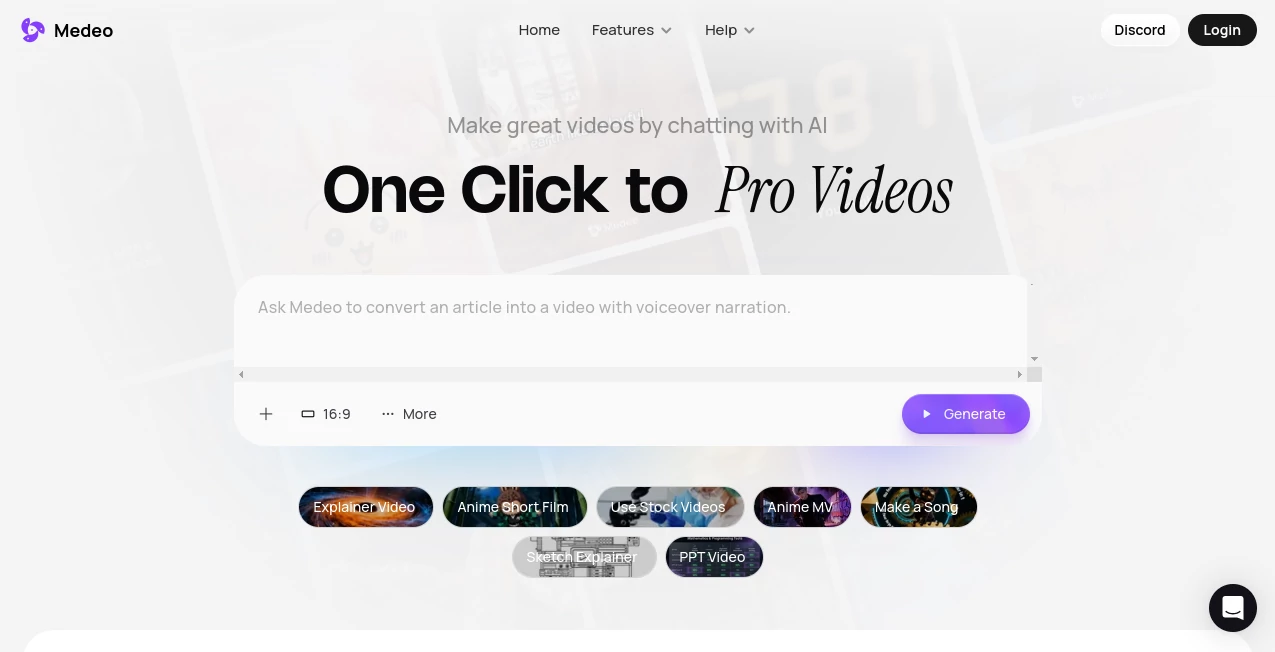Screenshot of Medeo – An AI tool in the ,AI Animated Video ,AI Video Editor ,AI Text to Video ,AI Video Generator  category, showcasing its interface and key features.