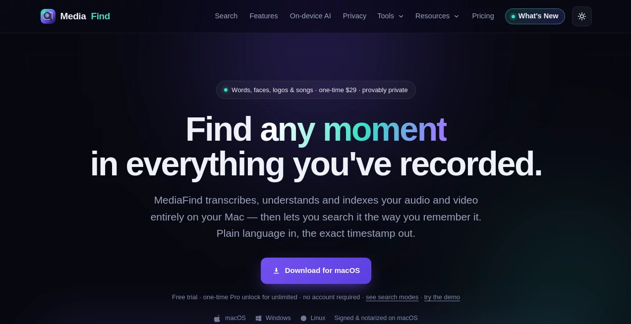 Screenshot of MediaFind – An AI tool in the ,AI Video Editor ,AI Video Search ,AI Speech to Text ,AI Productivity Tools  category, showcasing its interface and key features.