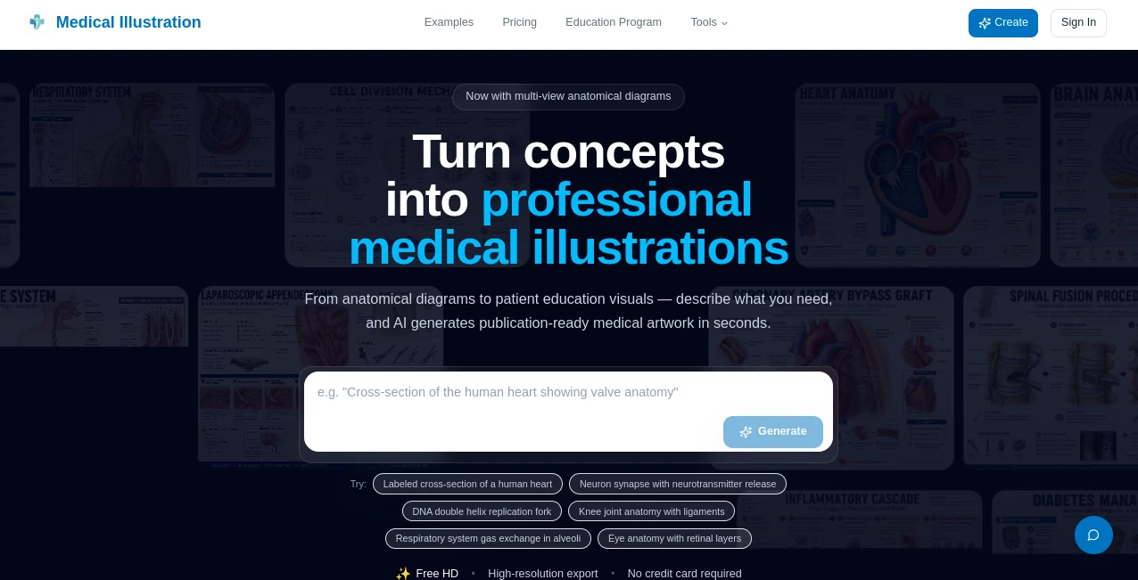 Screenshot of Medical Illustration AI – An AI tool in the ,Photo & Image Editor ,AI Design Generator ,AI Image to Image  category, showcasing its interface and key features.
