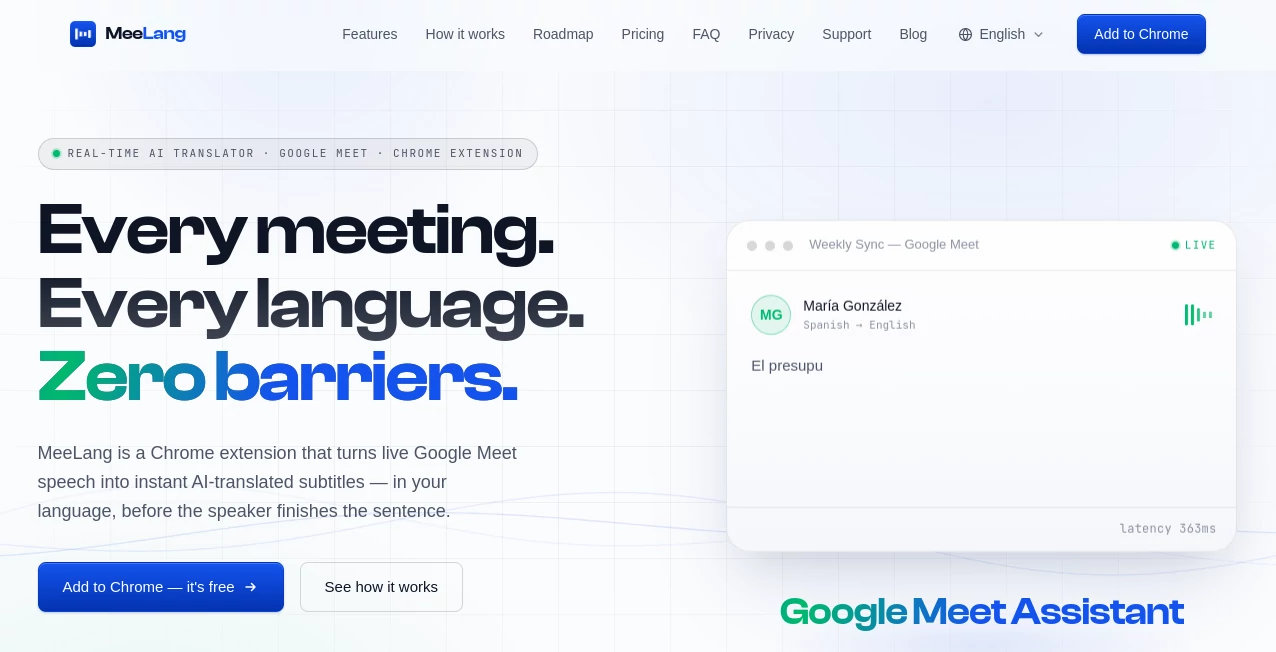 Screenshot of MeeLang – An AI tool in the ,AI Translate ,AI Meeting Assistant ,AI Transcription ,AI Speech to Text  category, showcasing its interface and key features.