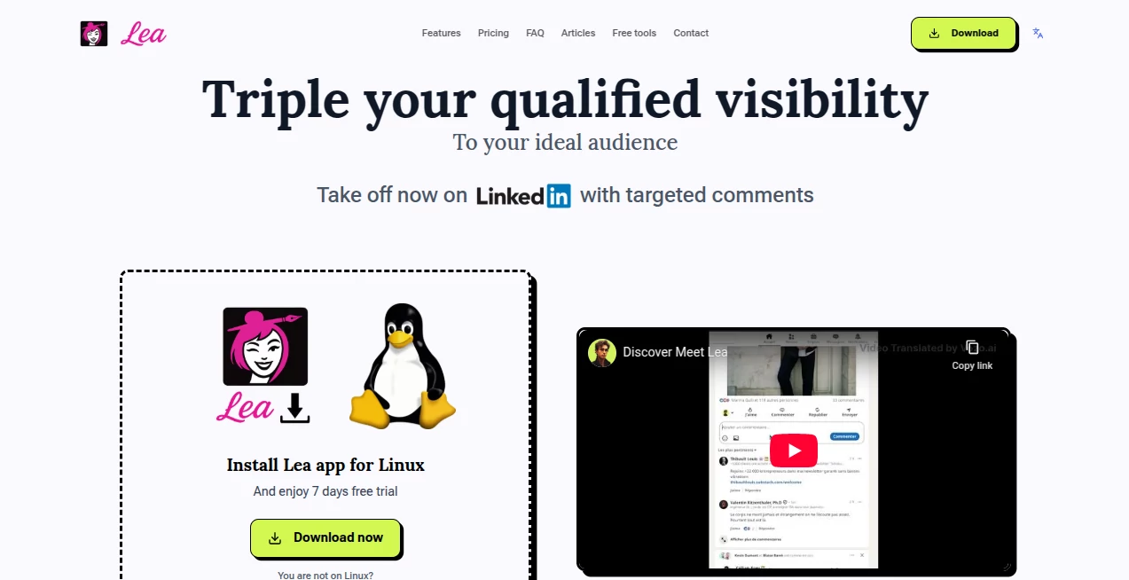 Screenshot of Meet Lea – An AI tool in the ,AI Reply Assistant ,AI Social Media Assistant ,AI Digital Marketing Generator ,AI Response Generator  category, showcasing its interface and key features.