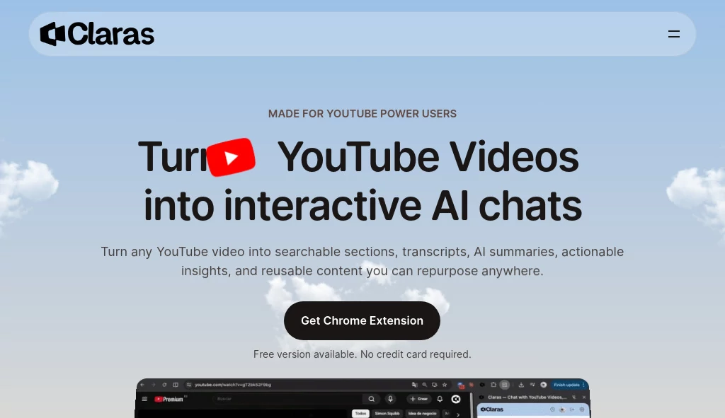 Screenshot of Claras – An AI tool in the ,AI Summarizer ,AI Transcription ,AI YouTube Assistant ,AI Productivity Tools  category, showcasing its interface and key features.