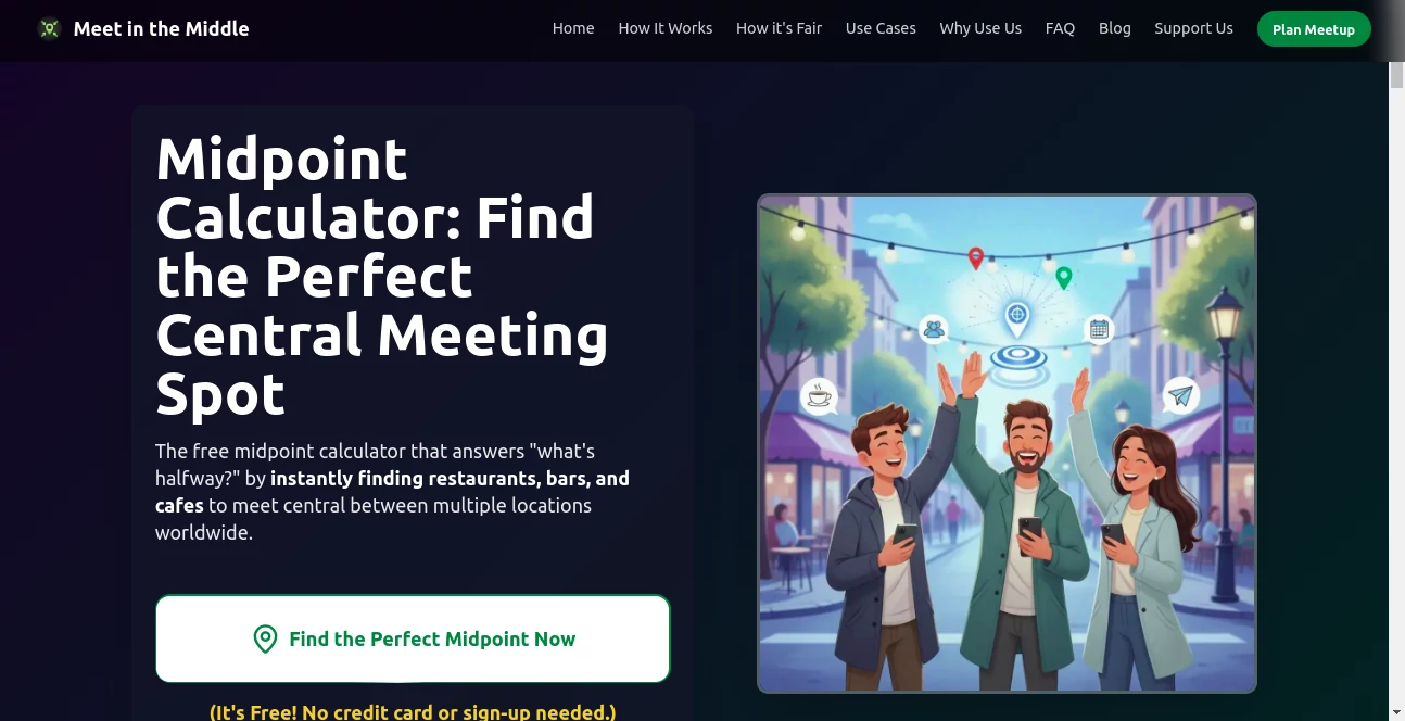 Screenshot of Meet in the Middle – An AI tool in the ,AI Life Assistant ,AI Fun Tools ,Other ,AI Trip Planner  category, showcasing its interface and key features.