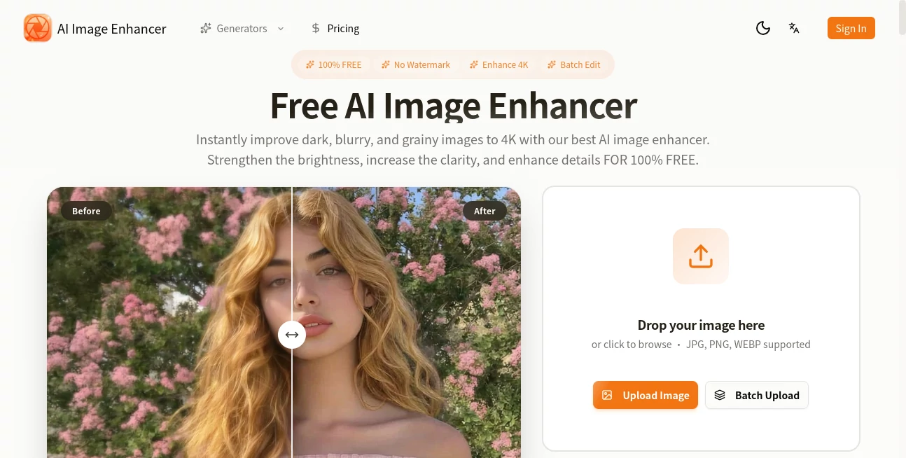Screenshot of AI Image Enhancer – An AI tool in the ,Photo & Image Editor ,AI Photo Enhancer ,AI Image Recognition ,AI Design Generator  category, showcasing its interface and key features.