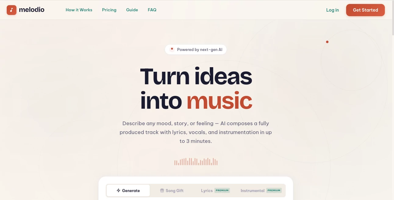 Screenshot of melodio – An AI tool in the ,AI Lyrics Generator ,AI Music Generator ,AI Voice & Audio Editing ,AI Text to Music  category, showcasing its interface and key features.