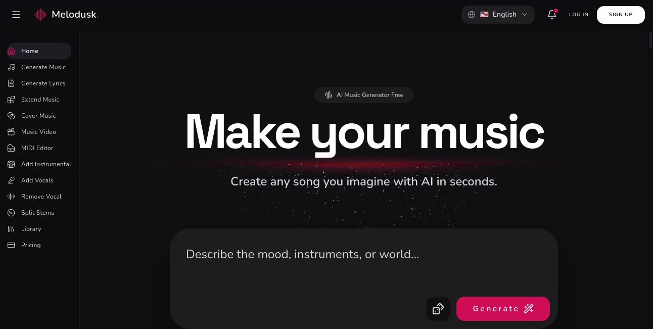 Screenshot of Melodusk – An AI tool in the ,AI Audio Enhancer ,AI Music Generator ,AI Voice & Audio Editing ,AI Text to Music  category, showcasing its interface and key features.