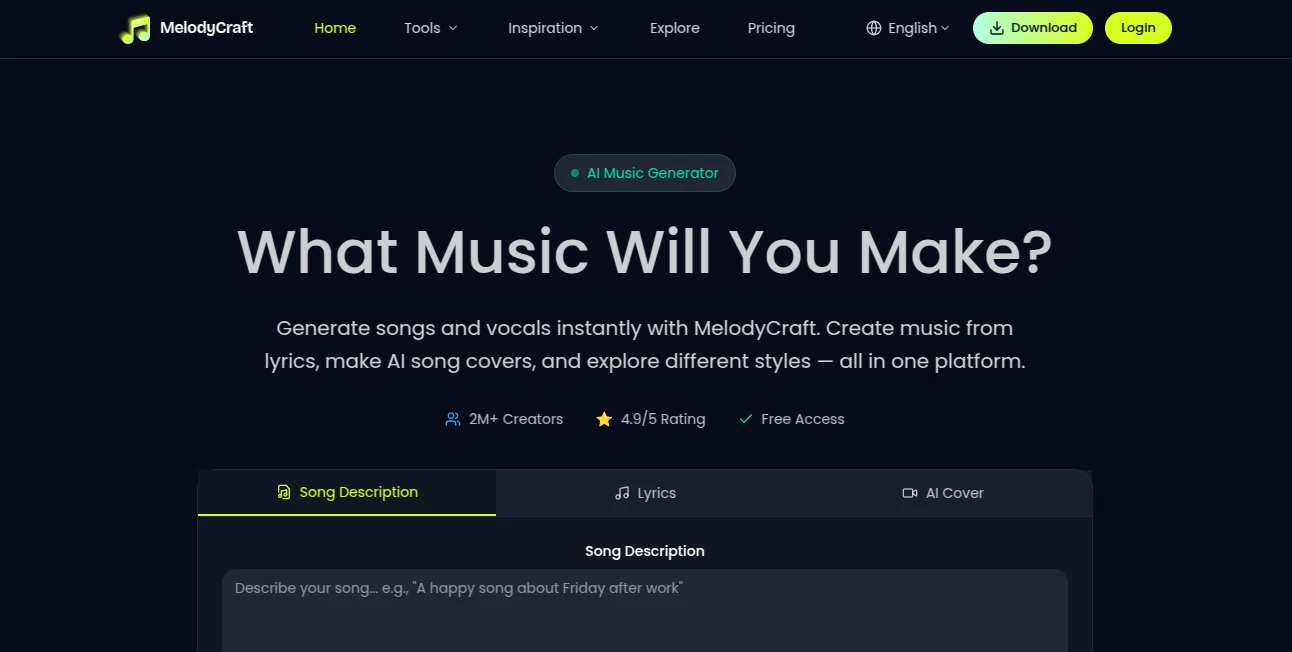 Screenshot of MelodyCraft – An AI tool in the ,AI Lyrics Generator ,AI Music Generator ,AI Voice & Audio Editing ,AI Text to Music  category, showcasing its interface and key features.