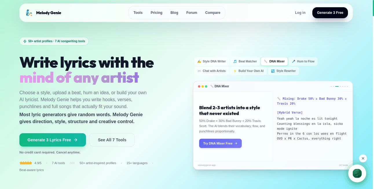 Screenshot of Melody Genie – An AI tool in the ,AI Lyrics Generator ,AI Music Generator ,AI Voice & Audio Editing ,AI Text to Music  category, showcasing its interface and key features.