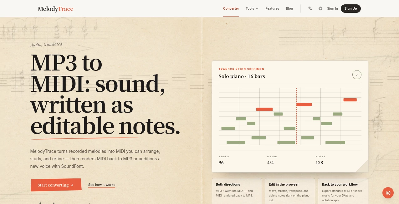 Screenshot of MelodyTrace – An AI tool in the ,Voice ,AI Voice & Audio Editing  category, showcasing its interface and key features.