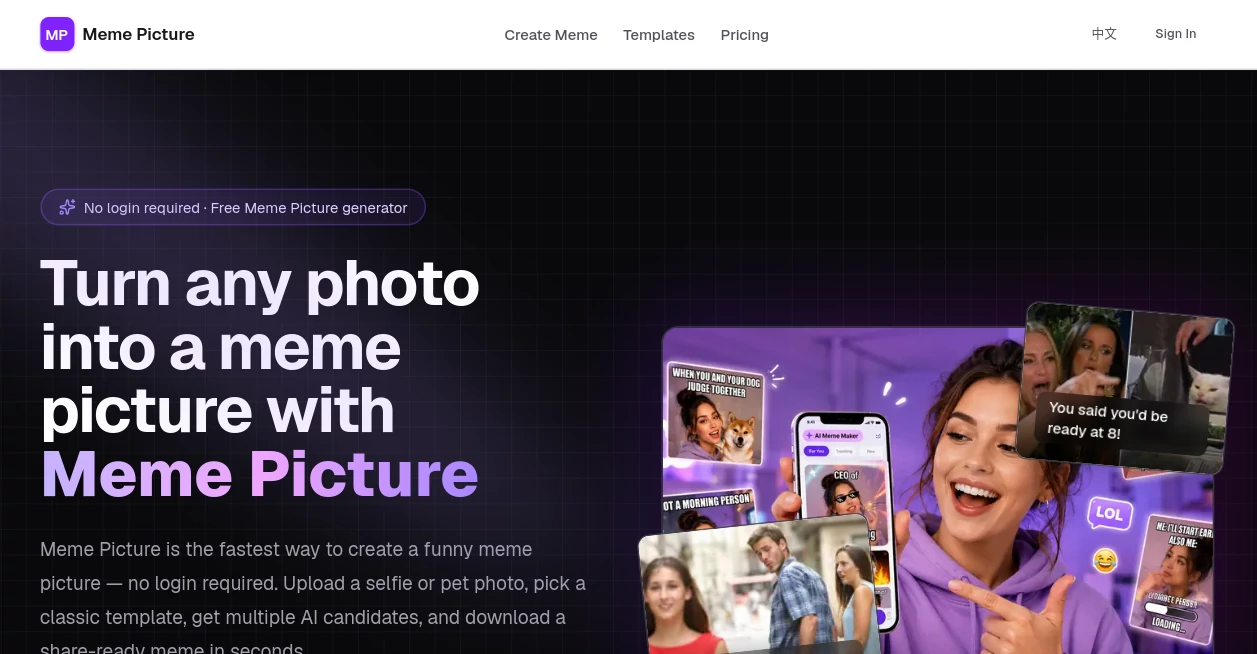Screenshot of Meme Picture – An AI tool in the ,AI Photo & Image Generator ,AI Image to Image ,AI Social Media Assistant ,AI Fun Tools  category, showcasing its interface and key features.