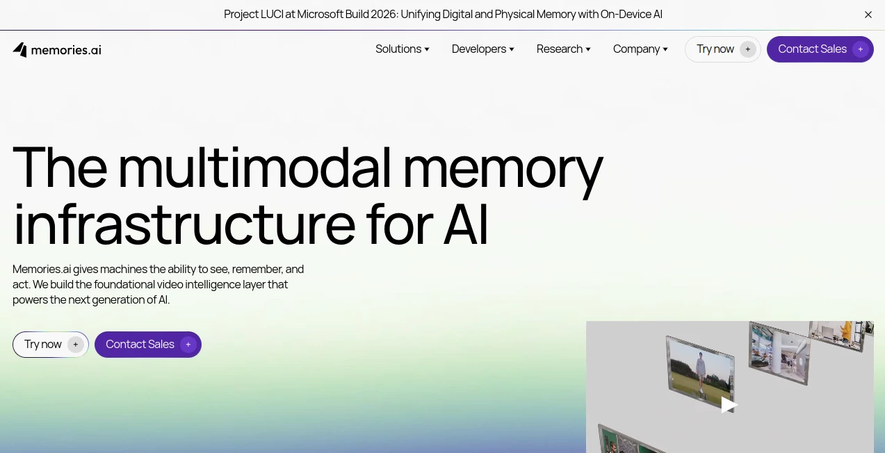 Screenshot of Memories AI – An AI tool in the ,AI Video Search ,AI Transcription ,AI Developer Tools ,AI Analytics Assistant  category, showcasing its interface and key features.