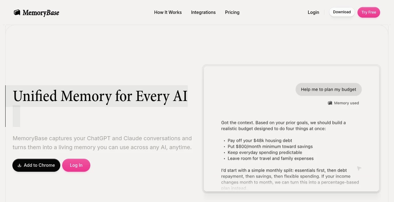 Screenshot of MemoryBase – An AI tool in the ,AI Productivity Tools ,AI Notes Assistant ,AI Documents Assistant  category, showcasing its interface and key features.