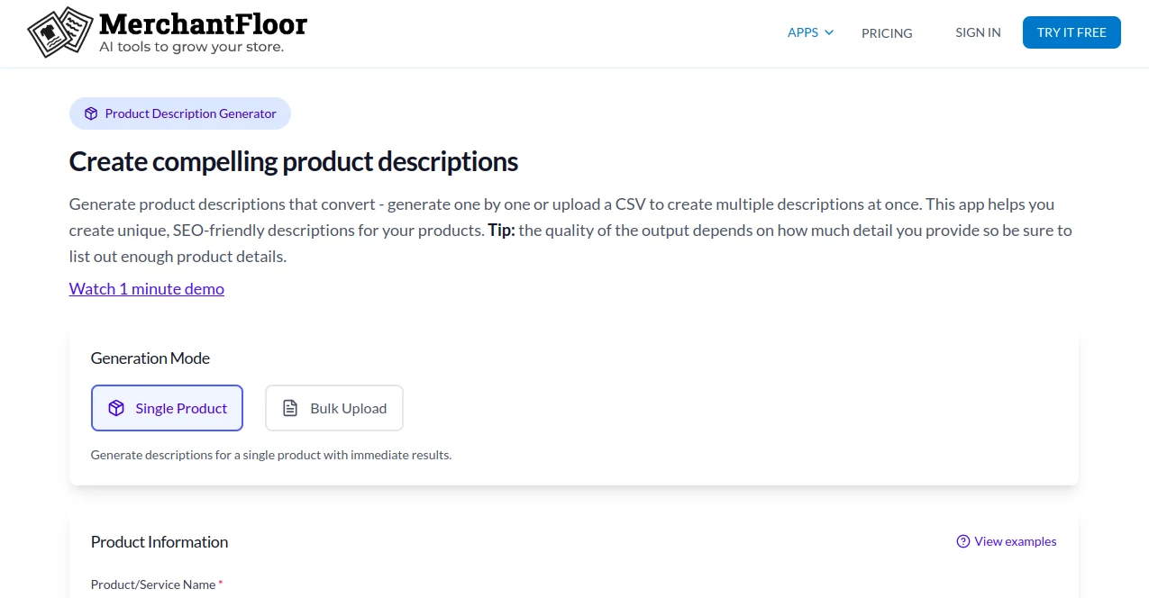 Screenshot of Merchant Floor - Product Description Generator – An AI tool in the ,AI Content Generator ,AI Copywriting ,AI E-commerce Assistant ,AI Product Description Generator  category, showcasing its interface and key features.