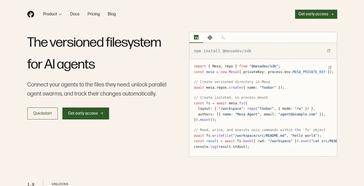 Screenshot of MESA – An AI tool in the ,AI Knowledge Management ,AI Code Assistant ,AI Developer Tools ,AI DevOps Assistant  category, showcasing its interface and key features.