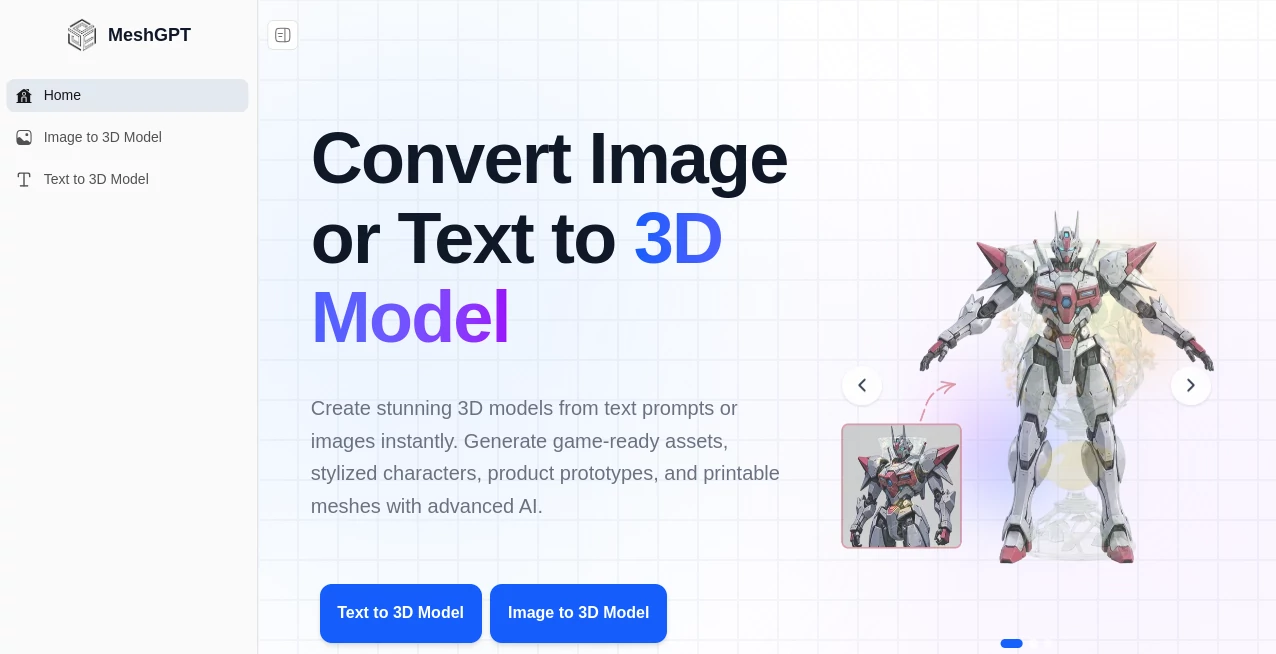 Screenshot of MeshGPT – An AI tool in the ,Photo & Image Editor ,AI Design Generator ,AI 3D Model Generator ,AI Image to 3D Model  category, showcasing its interface and key features.