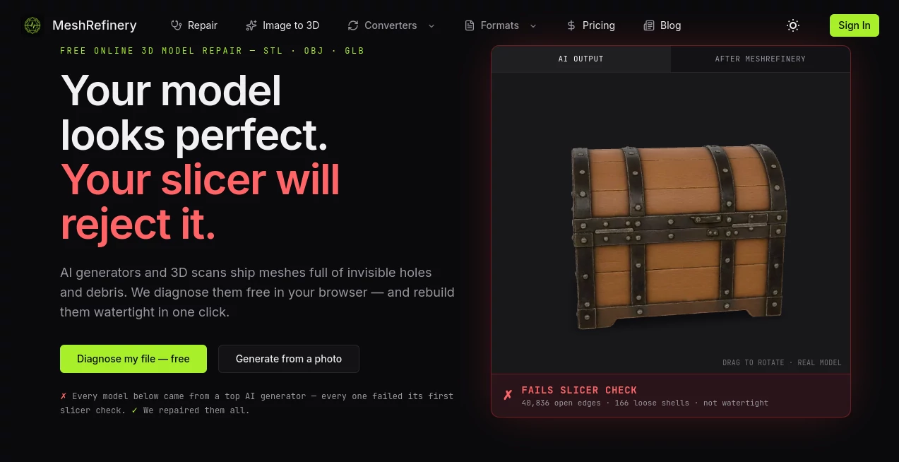 Screenshot of MeshRefinery – An AI tool in the ,AI 3D Model Generator ,AI Text to 3D ,AI Image to 3D Model ,3D  category, showcasing its interface and key features.