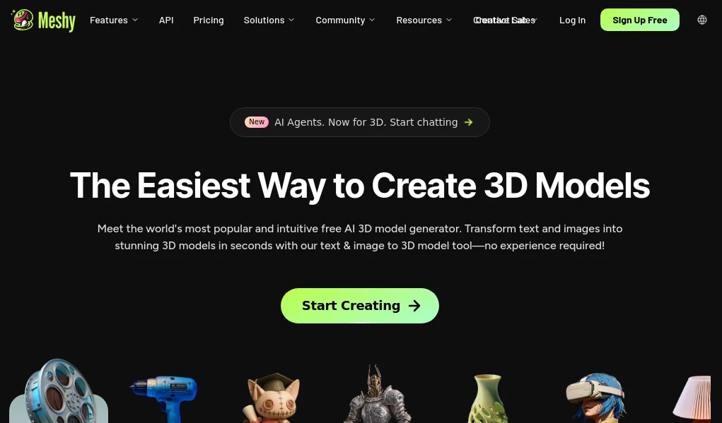 Screenshot of Meshy AI – An AI tool in the ,AI 3D Model Generator ,AI Text to 3D ,AI Image to 3D Model ,3D  category, showcasing its interface and key features.