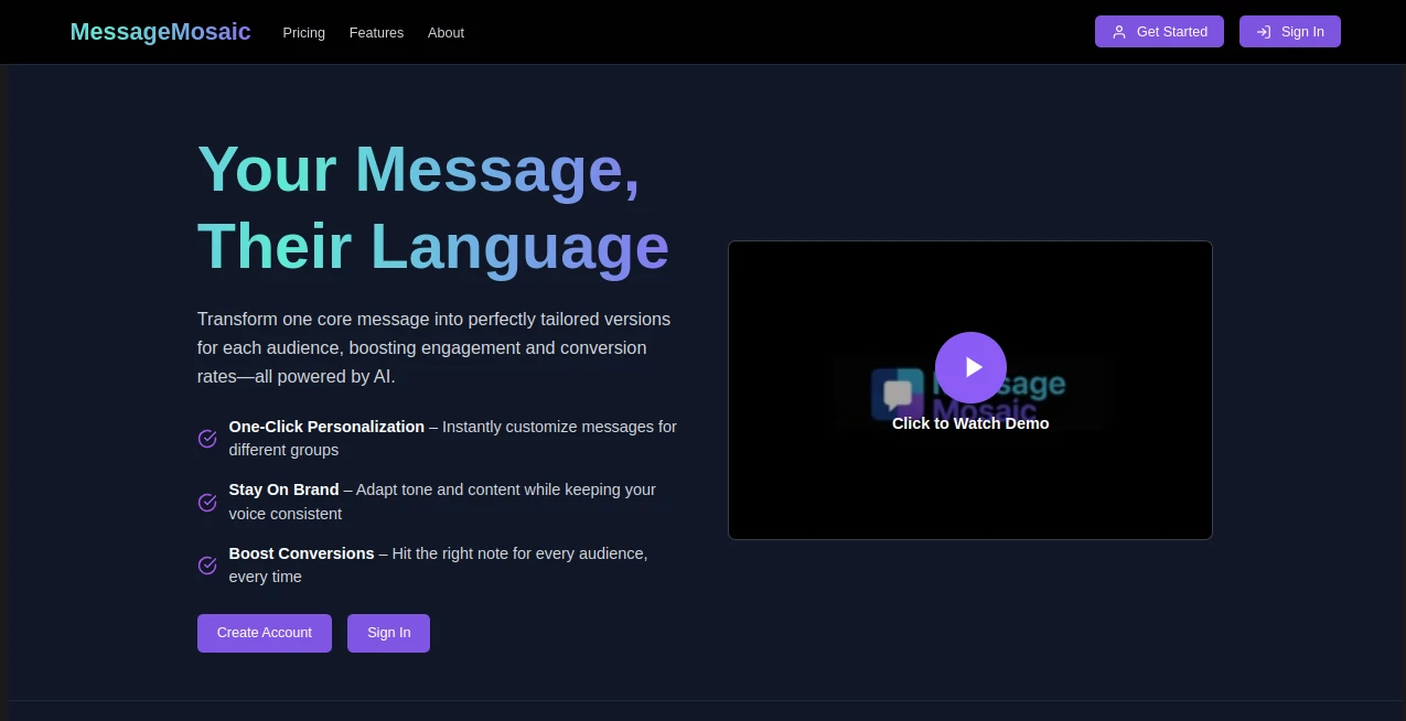 Screenshot of MessageMosaic – An AI tool in the ,AI Content Generator ,AI Sales Assistant ,AI Marketing Plan Generator ,AI Digital Marketing Generator  category, showcasing its interface and key features.