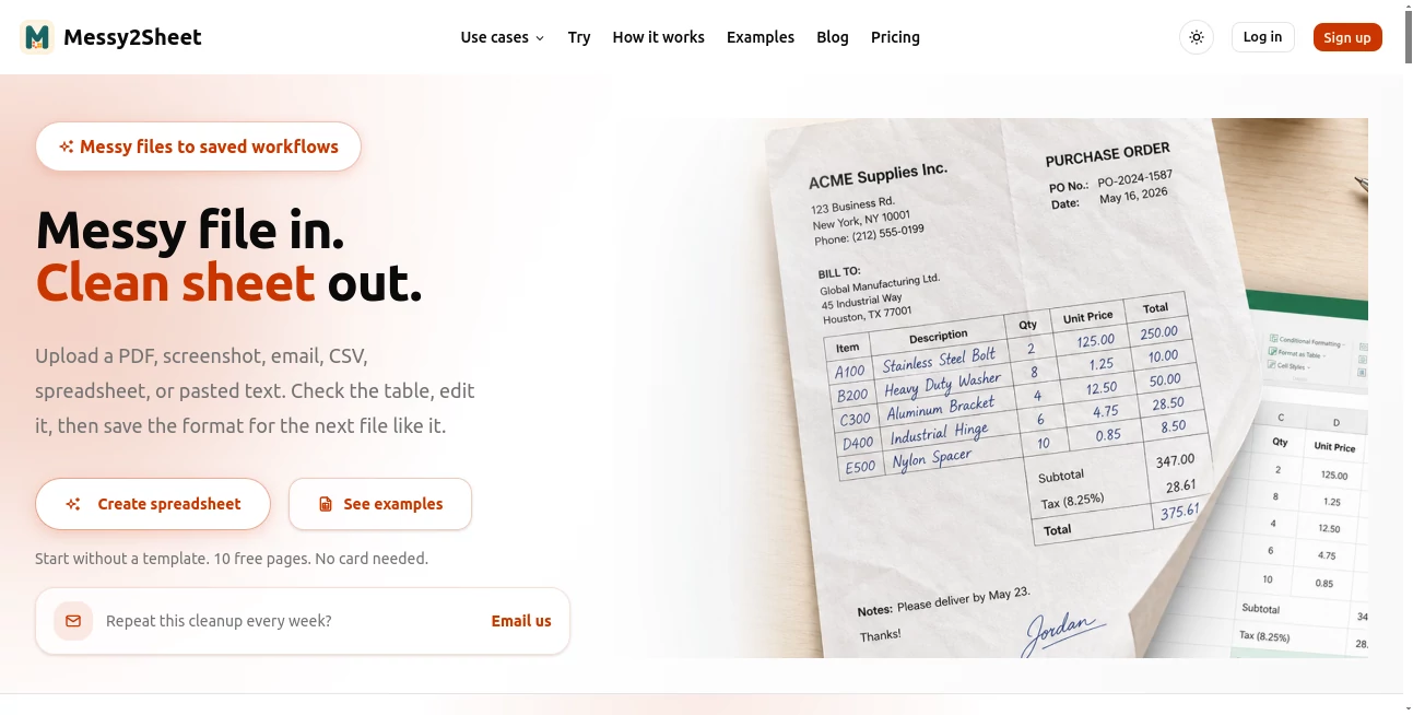 Screenshot of Messy2Sheet – An AI tool in the ,AI Document Extraction ,AI Productivity Tools ,AI Files Assistant ,AI Spreadsheet  category, showcasing its interface and key features.