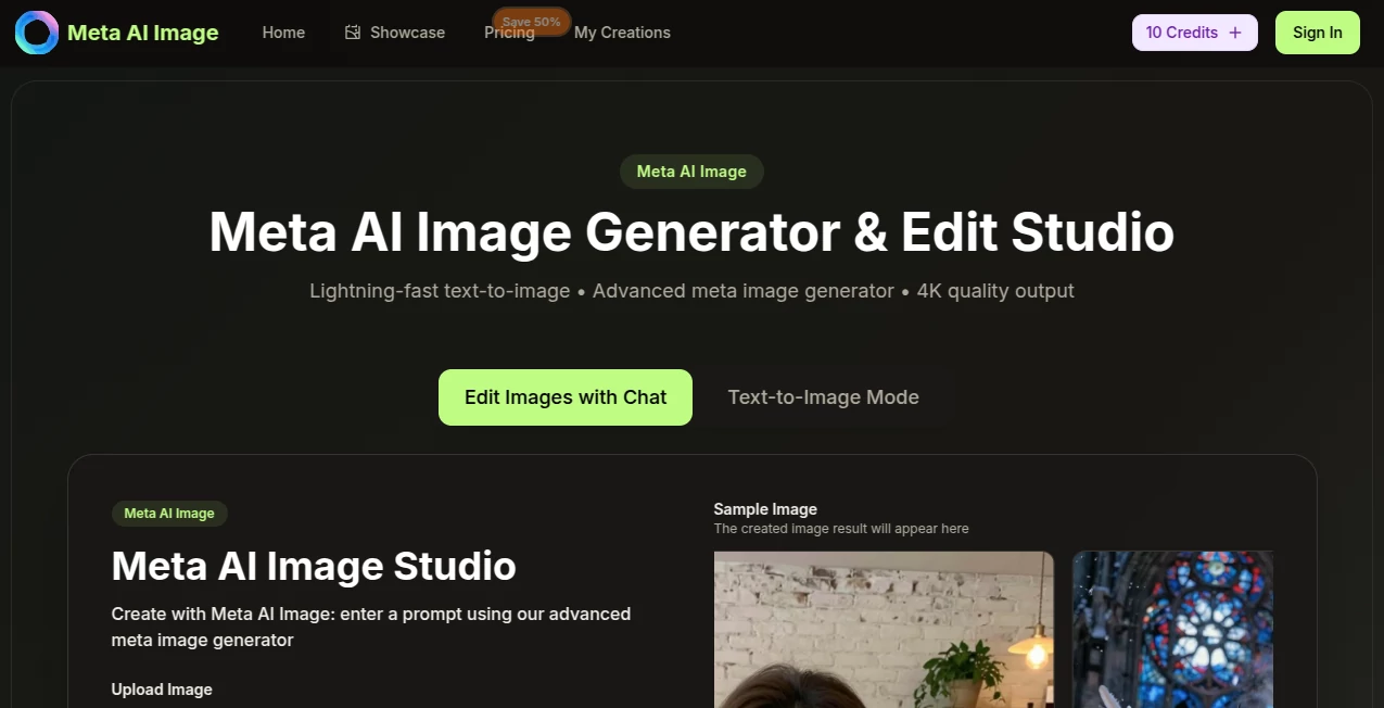 Screenshot of meta ai image – An AI tool in the ,AI Photo & Image Generator ,AI Art Generator ,AI Design Generator ,AI Text to Image  category, showcasing its interface and key features.