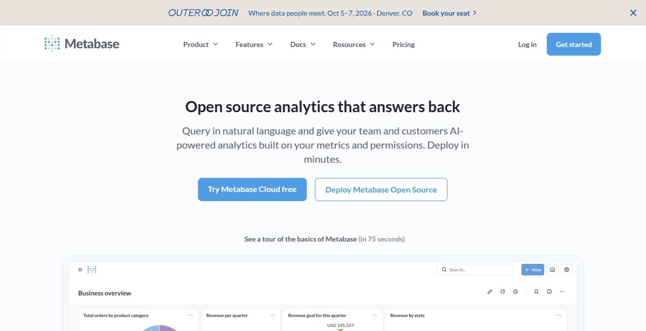 Screenshot of Metabase – An AI tool in the ,AI Developer Tools ,AI Research Tool ,Other  category, showcasing its interface and key features.