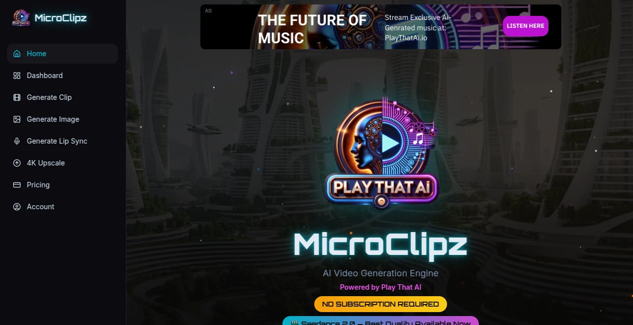 Screenshot of MicroClipz – An AI tool in the ,AI Image to Video ,AI Video Generator ,AI Video Enhancer ,AI Lip Sync Generator  category, showcasing its interface and key features.