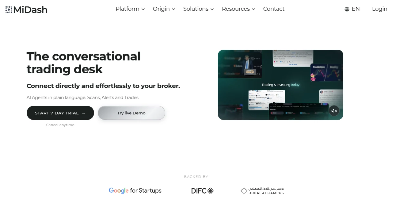 Screenshot of MiDash – An AI tool in the ,AI Research Tool ,AI Trading Bot Assistant ,AI Investing Assistant ,AI Chatbot  category, showcasing its interface and key features.